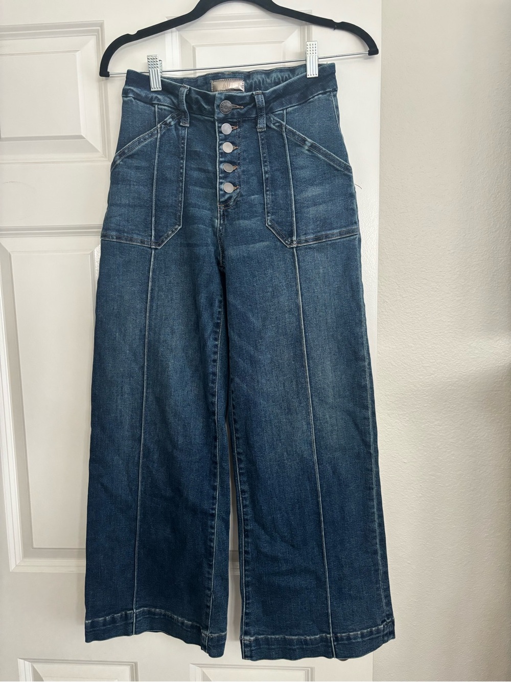 Kut from the Kloth High-Waist Wide-Leg Button-Front Jeans in Dark Blue